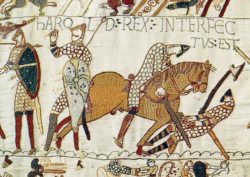 A picture of a portion of the Bayeux Tapestry showing Harold dead 